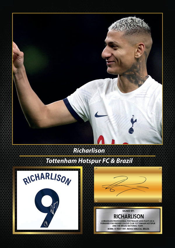 Richarlison Printed Signature Poster – Tottenham Hotspur FC & Brazil Forward Tribute Wall Art with Jersey & Bio Plaque