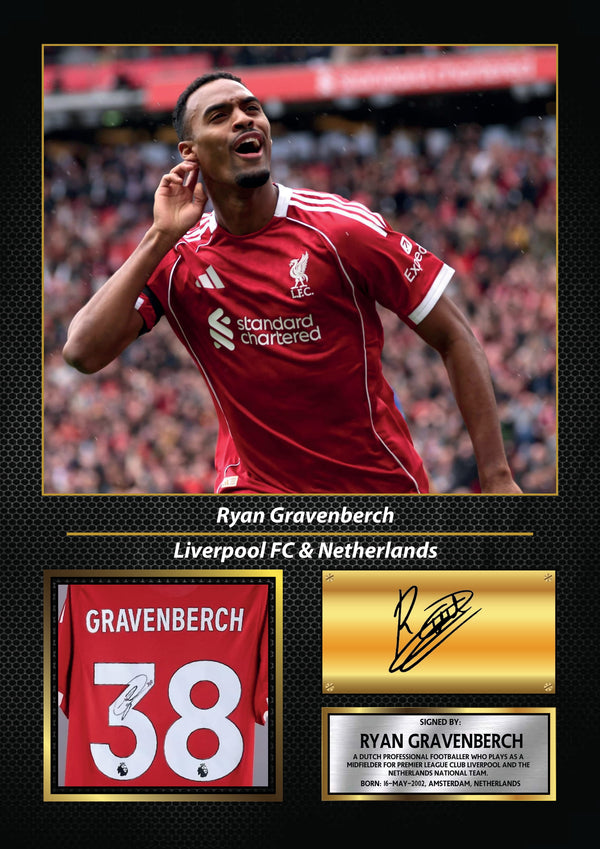 Ryan Gravenberch Printed Signature Poster – Liverpool FC & Netherlands Midfielder Tribute Wall Art with Jersey & Bio Plaque