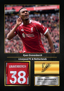 Ryan Gravenberch Printed Signed Poster – Liverpool FC & Netherlands Midfielder Tribute Wall Art with Jersey & Bio Plaque – Premier League Football Memorabilia for Fans & Collectors
