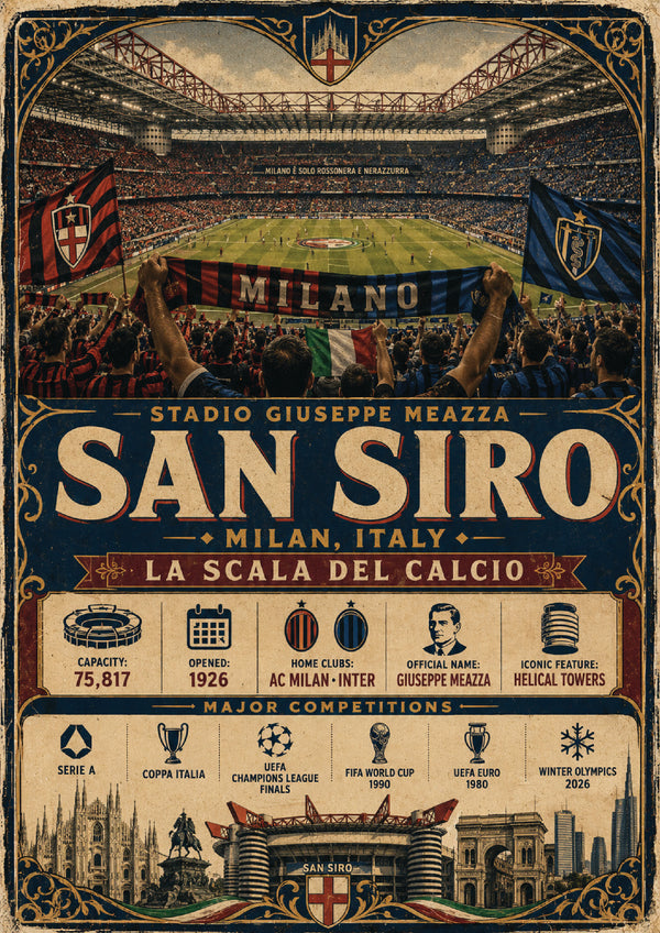 San Siro Stadium Vintage Travel Poster – Stadio Giuseppe Meazza Milan Italy Football Stadium Wall Art Print – Retro Sports Décor