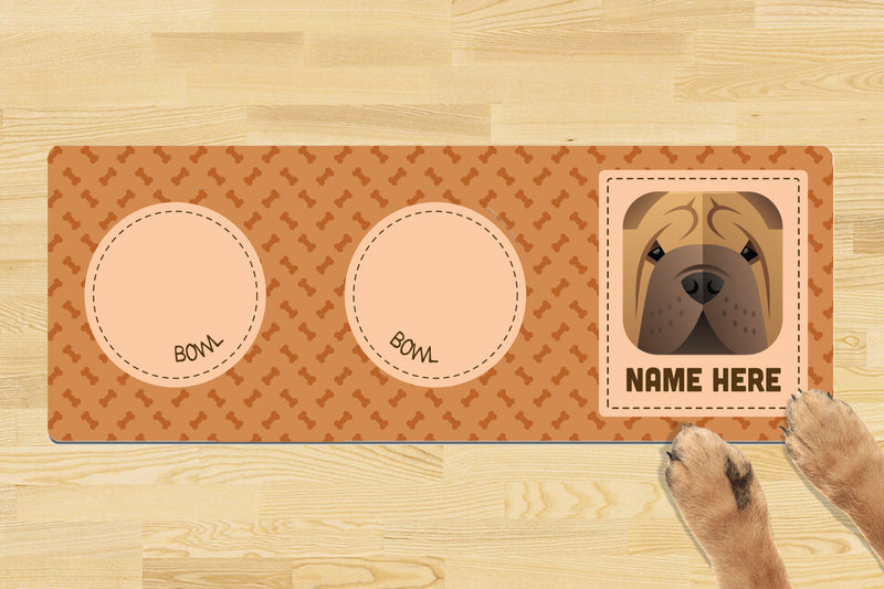 Personalised Dog Breed Dog Bowl Mat (880mm x 300mm)(2 Bowl Design) - SHAR PEI