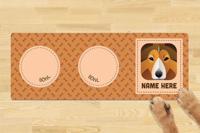 Personalised Dog Breed Dog Bowl Mat (880mm x 300mm)(2 Bowl Design) - SHELTIE