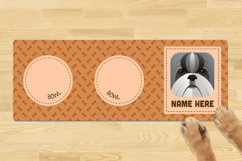 Personalised Dog Breed Dog Bowl Mat (880mm x 300mm)(2 Bowl Design) - SHIH TZU