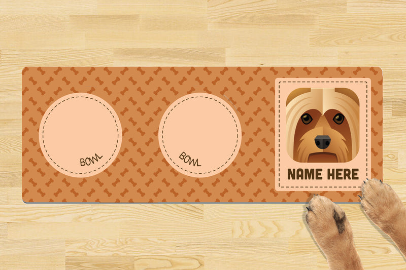 Personalised Dog Breed Dog Bowl Mat (880mm x 300mm)(2 Bowl Design) - SILKY TERRIER