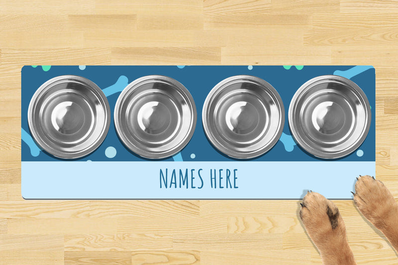 Personalised Dog Bowl Mat (880mm x 300mm)(4 Bowl Design) - SIMPLE BLUE