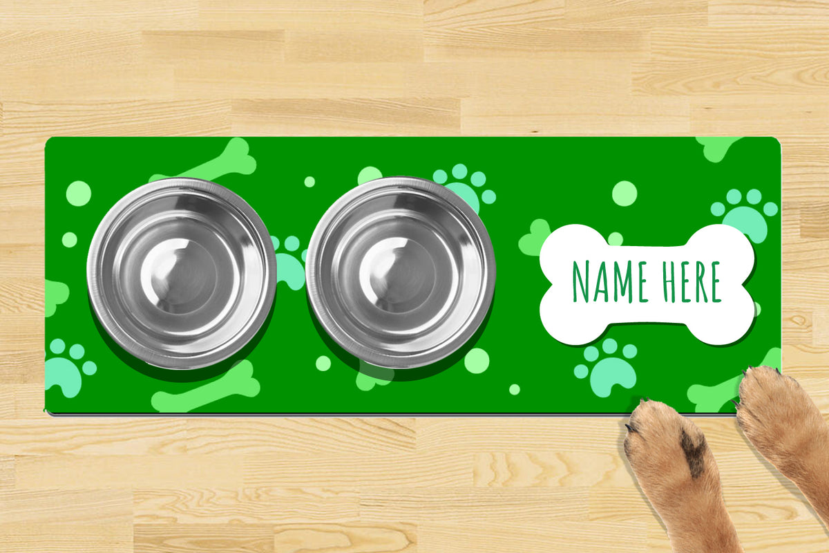 Personalised Dog Bowl Mat 880mm x 300mm2 Bowl Design - Simple Green Bone