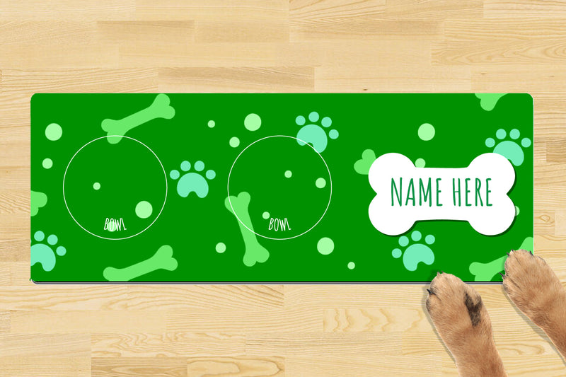 Personalised Dog Bowl Mat (880mm x 300mm)(2 Bowl Design) - Simple Green Bone