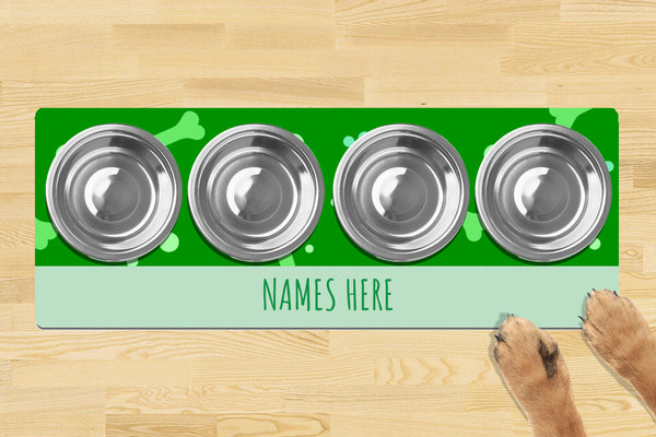 Personalised Dog Bowl Mat (880mm x 300mm)(4 Bowl Design) - SIMPLE GREEN