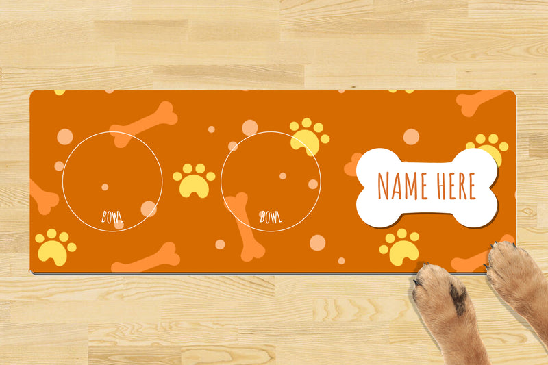 Personalised Dog Bowl Mat (880mm x 300mm)(2 Bowl Design) - Simple Orange Bone