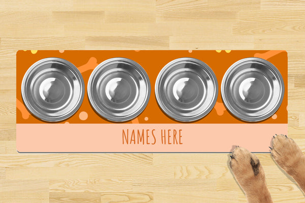 Personalised Dog Bowl Mat (880mm x 300mm)(4 Bowl Design) - SIMPLE ORANGE