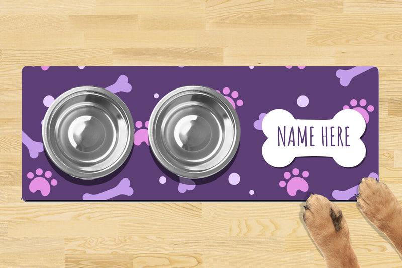 Personalised Dog Bowl Mat (880mm x 300mm)(2 Bowl Design) - Simple Purple Bone