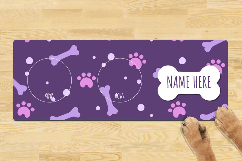 Personalised Dog Bowl Mat (880mm x 300mm)(2 Bowl Design) - Simple Purple Bone