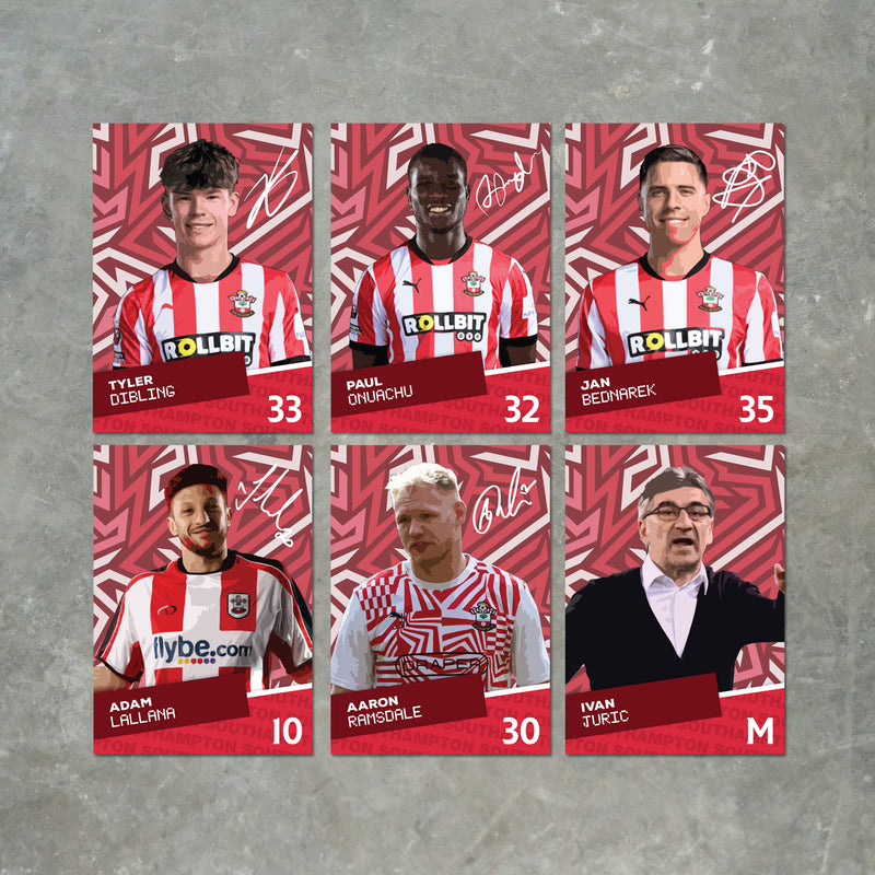 Southampton Players SIGNED A6 Poster Pack - 6 Autographed Poster Print Cards (Dibling, Onuachu, Bednarek, Lallana, Ramsdale, Juric)