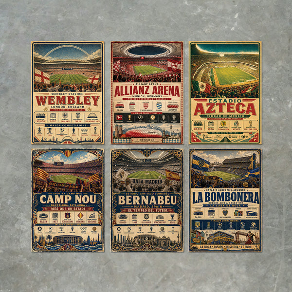 Vintage Football Stadium Poster Print Set – 6 Stadium Wall Art Prints