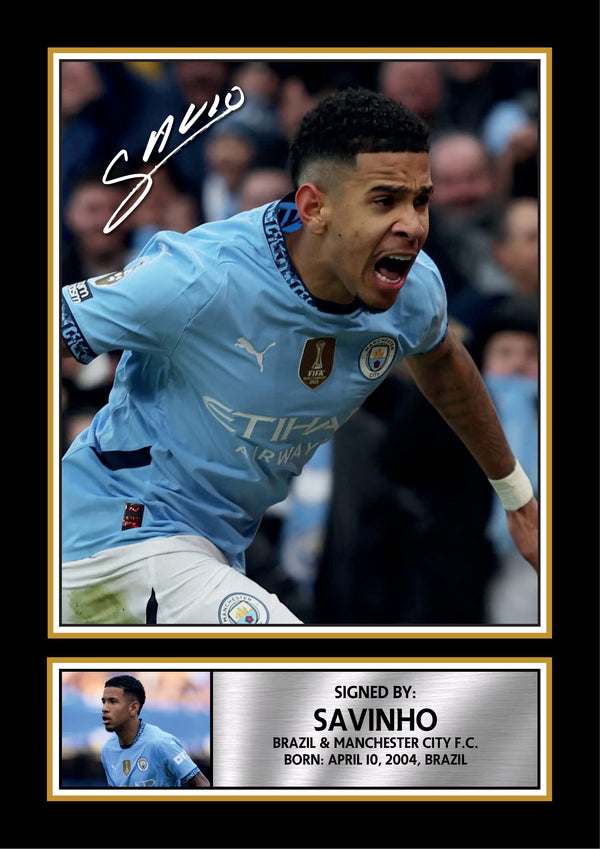 Savinho Printed Signature Poster Print – Manchester City F.C. & Brazil Star – Dual Image with Career Tribute Plaque – Football Wall Art Gift
