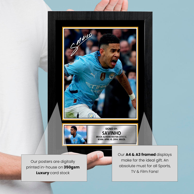 Savinho Signed Autographed Poster Print – Manchester City F.C. & Brazil Star – Dual Image with Career Tribute Plaque – Football Memorabilia Gift