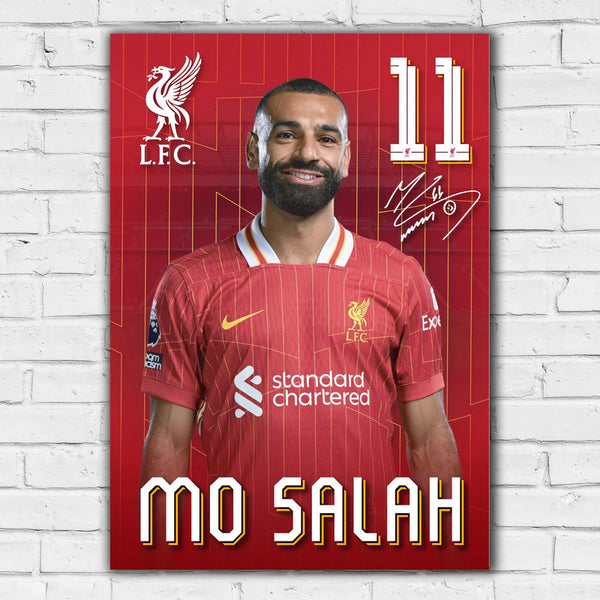 Mo Salah Printed Signature Poster Print – Liverpool F.C. No.11 – Red Jersey Portrait with Signature & Club Logo – Football Wall Art Gift