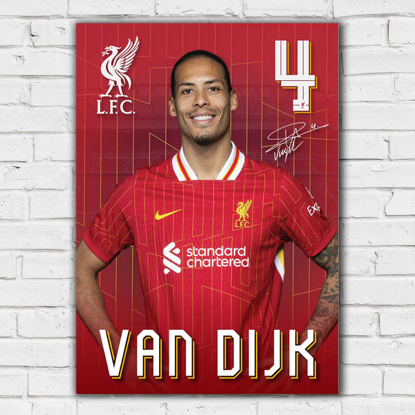 Virgil van Dijk No.4 Printed Signature Portrait Poster Print – Liverpool F.C. Captain – Red Jersey Edition with Signature & Name Banner