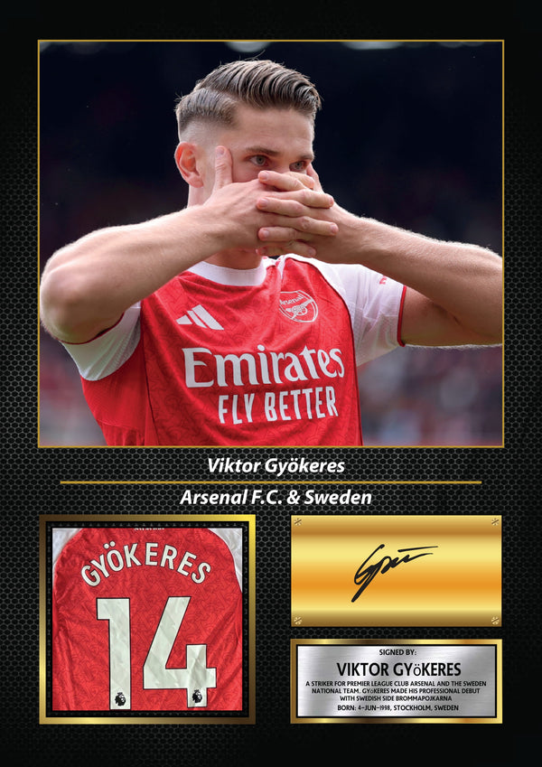 Viktor Gyökeres Printed Signature Poster – Arsenal FC & Sweden Striker Tribute Wall Art with Jersey & Bio Plaque