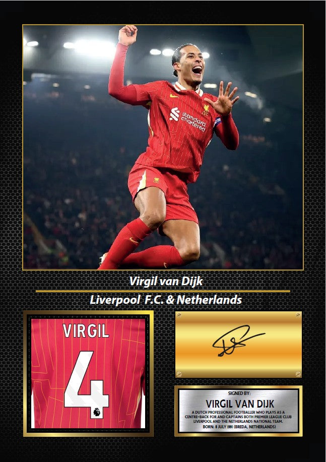 Virgil van Dijk Printed Signature Football Wall Art – Framed Display with Liverpool Captain & Netherlands Tribute – Collector’s Gift – Virgil van Dijk Printed Signature Football Wall Art