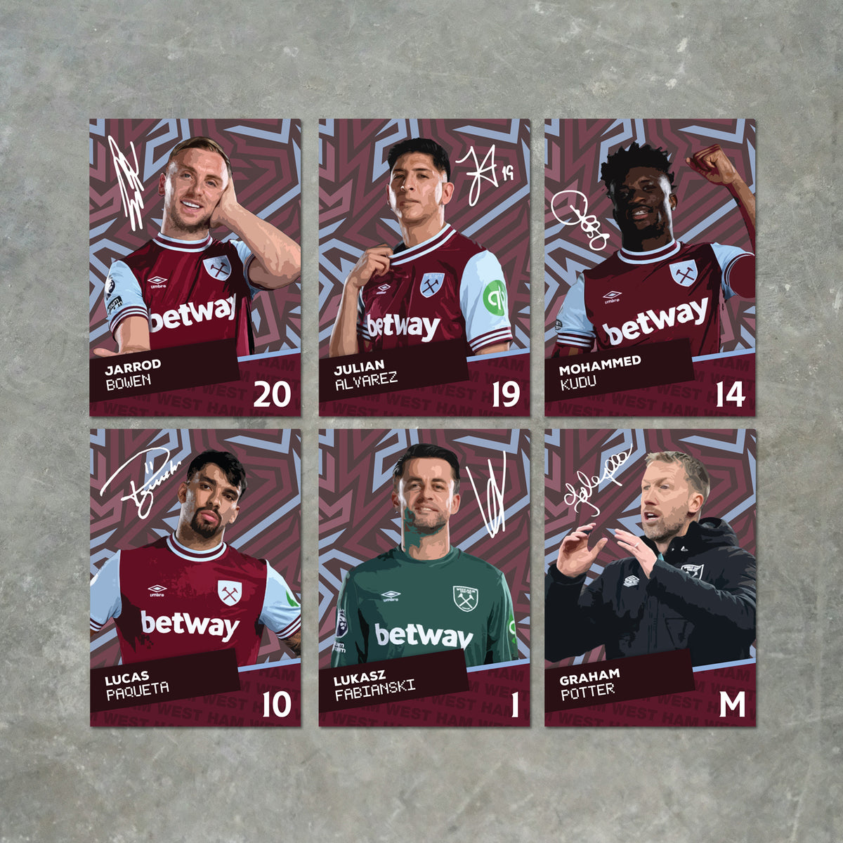 West Ham Players Printed Signature A6 Poster Pack