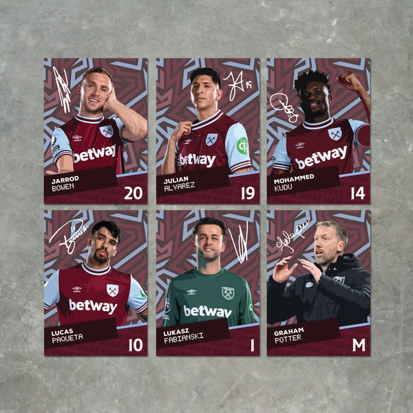 West Ham Players Printed Signature A6 Poster Pack – 6 Poster Print Cards (Bowen, Alavrez, Kudus, Paqueta, Fabianski, Potter)