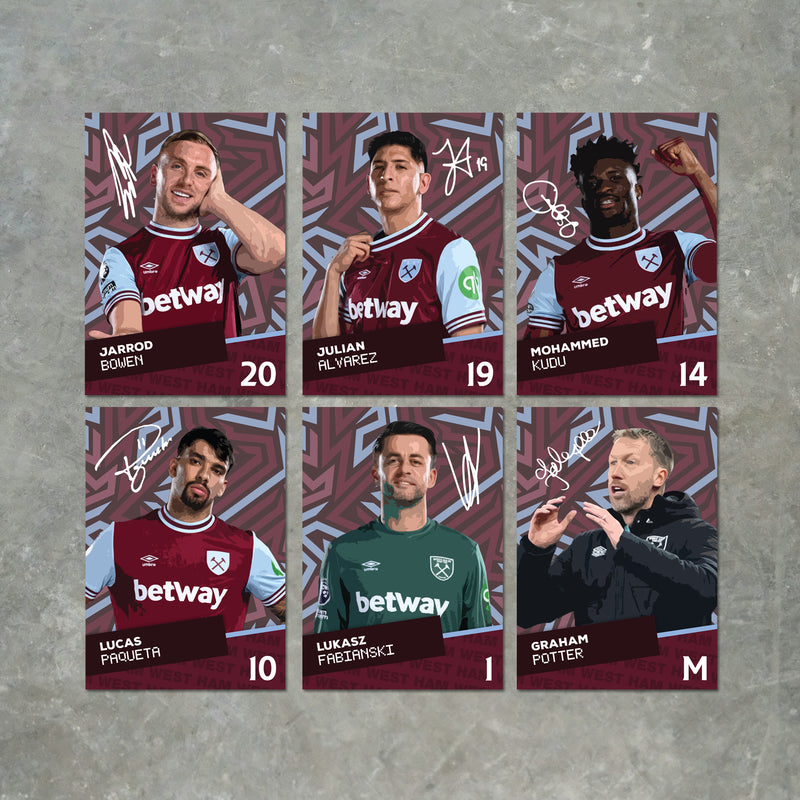 West Ham Players SIGNED A6 Poster Pack - 6 Autographed Poster Print Cards (Bowen, Alavrez, Kudus, Paqueta, Fabianski, Potter)