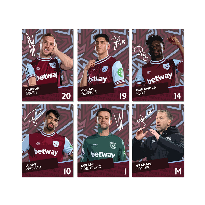 West Ham Players SIGNED A6 Poster Pack - 6 Autographed Poster Print Cards (Bowen, Alavrez, Kudus, Paqueta, Fabianski, Potter)