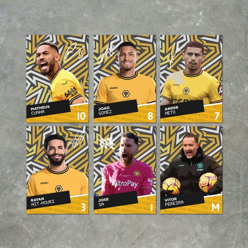 Wolverhampton Wanderers Players SIGNED A6 Poster Pack - 6 Autographed Poster Print Cards (Cunha, Gomez, Neto, Ait-Nouri, Sa, Pereira)