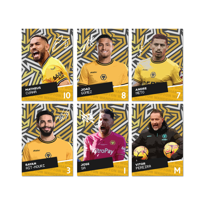 Wolverhampton Wanderers Players SIGNED A6 Poster Pack - 6 Autographed Poster Print Cards (Cunha, Gomez, Neto, Ait-Nouri, Sa, Pereira)