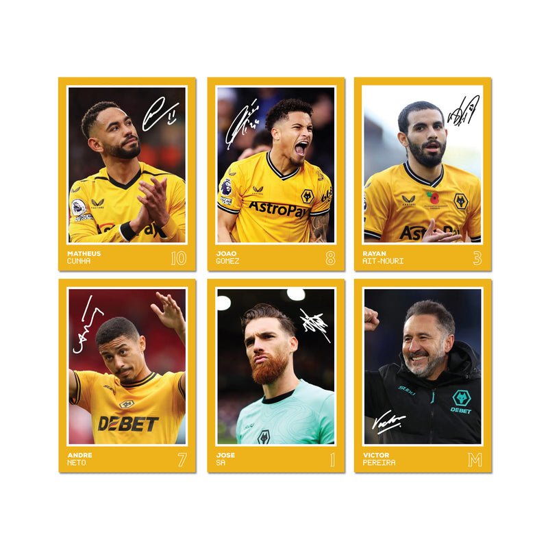 Wolverhampton Wanderers Players SIGNED A6 Poster Pack 2 - 6 Autographed Poster Print Cards (Cunha, Gomez, Neto, Ait-Nouri, Sa, Pereira)