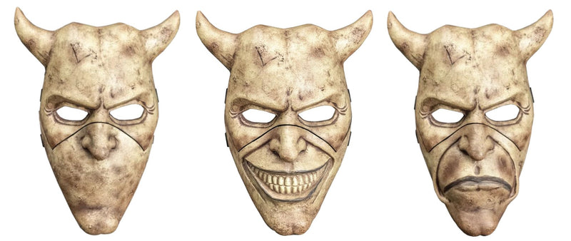 The Grabber Halloween Cardboard Face Mask Set – Silent, Grin & Frown Expressions – Devil-Inspired Horror Masks with Horns – Lightweight Scary Costume Accessory for Halloween & Cosplay