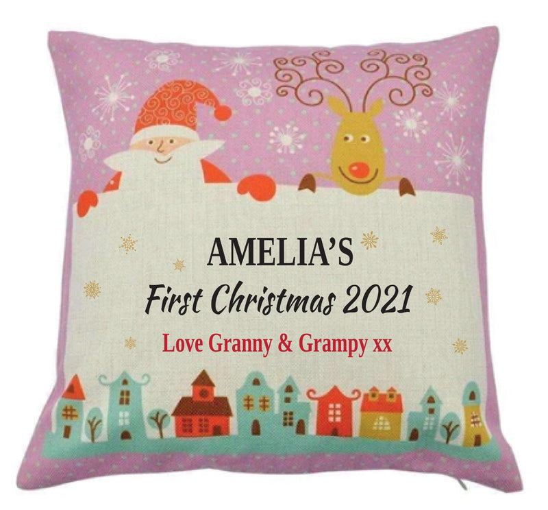 Personalised Kids Christmas Cushion – Custom Name & Message – Santa & Reindeer Print Pillow with Stars – Baby’s First Christmas Gift, Nursery Decor, Festive Sofa Cushion Cover