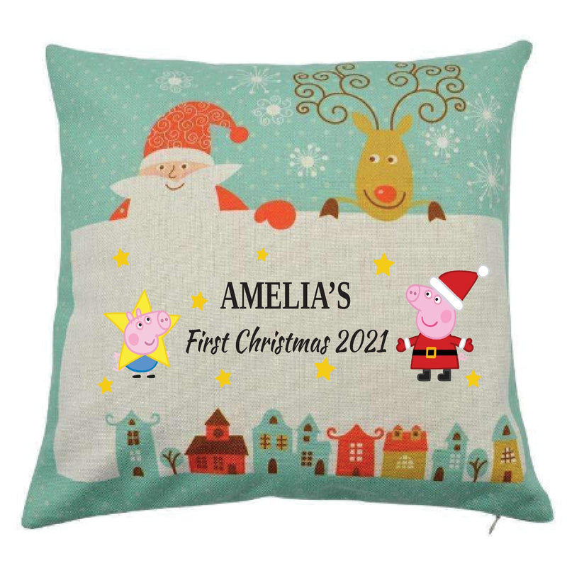 Personalised Kids Christmas Cushion – Custom Name & Message – Cute Festive Cartoon Pig Character – Santa & Reindeer Print – Baby’s First Christmas Pillow Cover, Nursery Holiday Decor