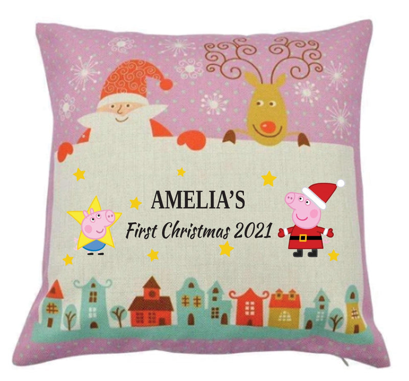 Personalised Kids Christmas Cushion – Custom Name & Message – Cute Festive Cartoon Pig Character – Santa & Reindeer Print – Baby’s First Christmas Pillow Cover, Nursery Holiday Decor