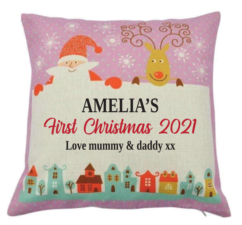 Personalised Kids Christmas Cushion – Custom Name & Message – Santa & Reindeer Print – Christmas Gift, Nursery Decor, Holiday Bedroom Decoration, Festive Sofa Pillow Cover