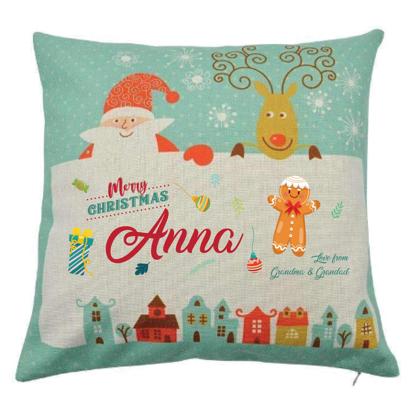 Personalized Kids Christmas Cushion – Custom Name & Message Print – Santa & Reindeer Festive Pillow with Snowy Village Design – Soft Decorative Holiday Gift