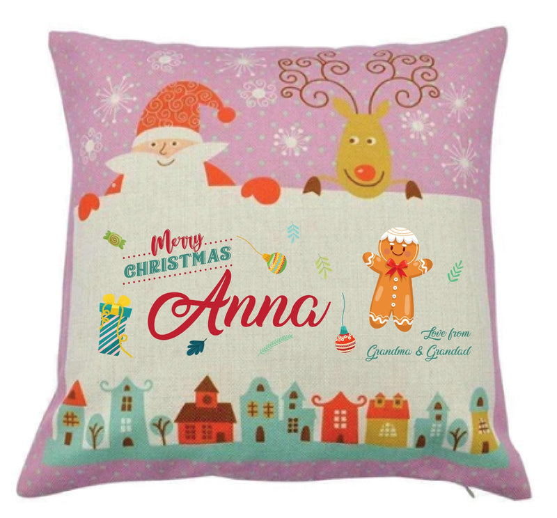 Personalized Kids Christmas Cushion – Custom Name & Message Print – Santa & Reindeer Festive Pillow with Snowy Village Design – Soft Decorative Holiday Gift
