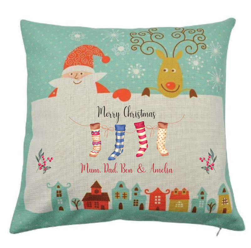 Personalised Family Christmas Cushion – Custom Names – Santa & Reindeer Print with Hanging Stockings – Festive Holiday Decor, Christmas Gift Pillow Cover