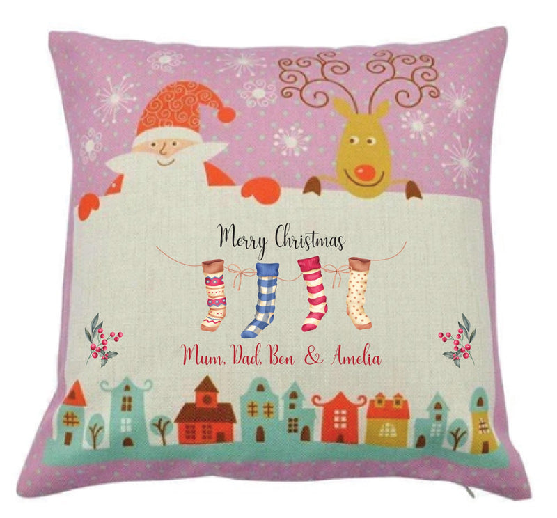 Personalised Family Christmas Cushion – Custom Names – Santa & Reindeer Print with Hanging Stockings – Festive Holiday Decor, Christmas Gift Pillow Cover