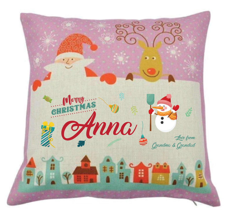 Personalized Kids Christmas Cushion – Custom Name & Message Print – Santa & Reindeer Festive Pillow with Snowy Village Design – Soft Decorative Holiday Gift