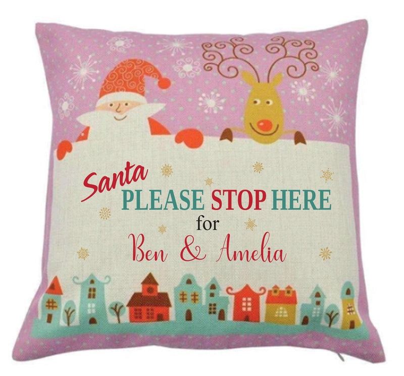 Personalised Kids Christmas Cushion – Santa Please Stop Here – Custom Name Pillow – Festive Santa & Reindeer Print – Holiday Nursery Decor, Christmas Eve Gift
