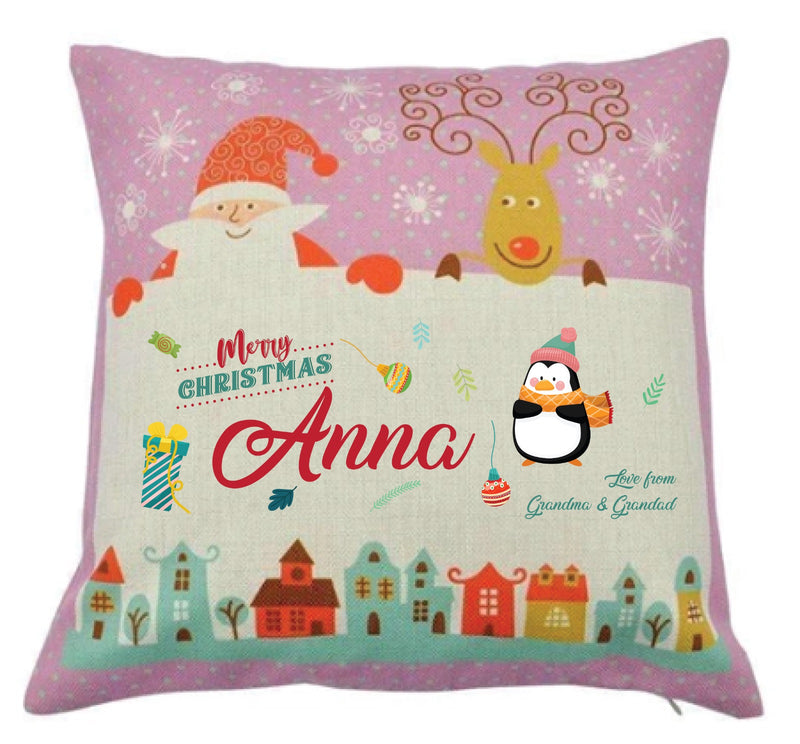 Personalized Kids Christmas Cushion – Custom Name & Message Print – Santa & Reindeer Festive Pillow with Snowy Village Design – Soft Decorative Holiday Gift