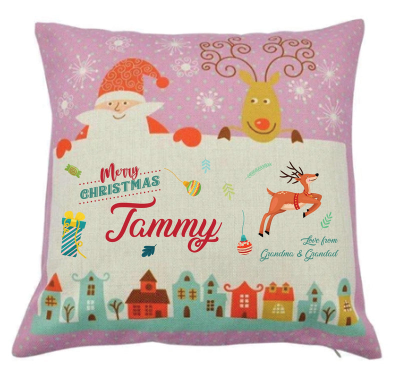 Personalized Kids Christmas Cushion – Custom Name & Message Print – Santa & Reindeer Festive Pillow with Snowy Village Design – Soft Decorative Holiday Gift