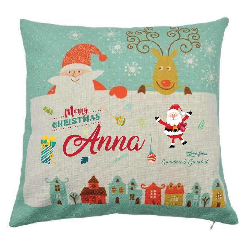 Personalized Kids Christmas Cushion – Custom Name & Message Print – Santa & Reindeer Festive Pillow with Snowy Village Design – Soft Decorative Holiday Gift