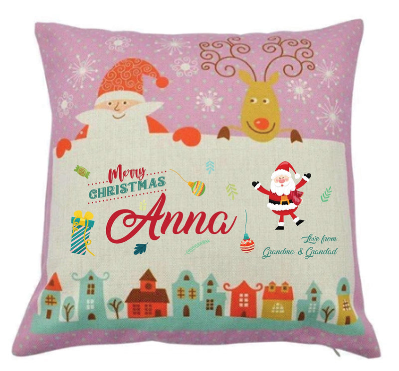 Personalized Kids Christmas Cushion – Custom Name & Message Print – Santa & Reindeer Festive Pillow with Snowy Village Design – Soft Decorative Holiday Gift