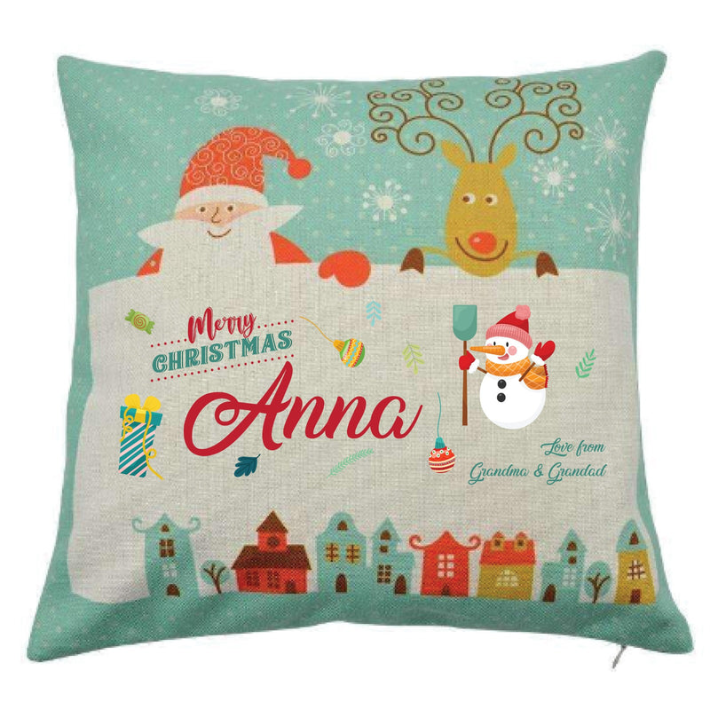 Personalized Kids Christmas Cushion – Custom Name & Message Print – Santa & Reindeer Festive Pillow with Snowy Village Design – Soft Decorative Holiday Gift