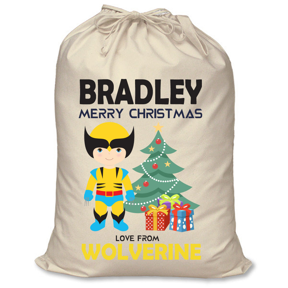 Wolverine Inspired Personalised Santa Sack – XL Superhero Christmas Sack with Child’s Name – Wolverine inspired personalised superhero Santa sack in cream cotton with a child's name
