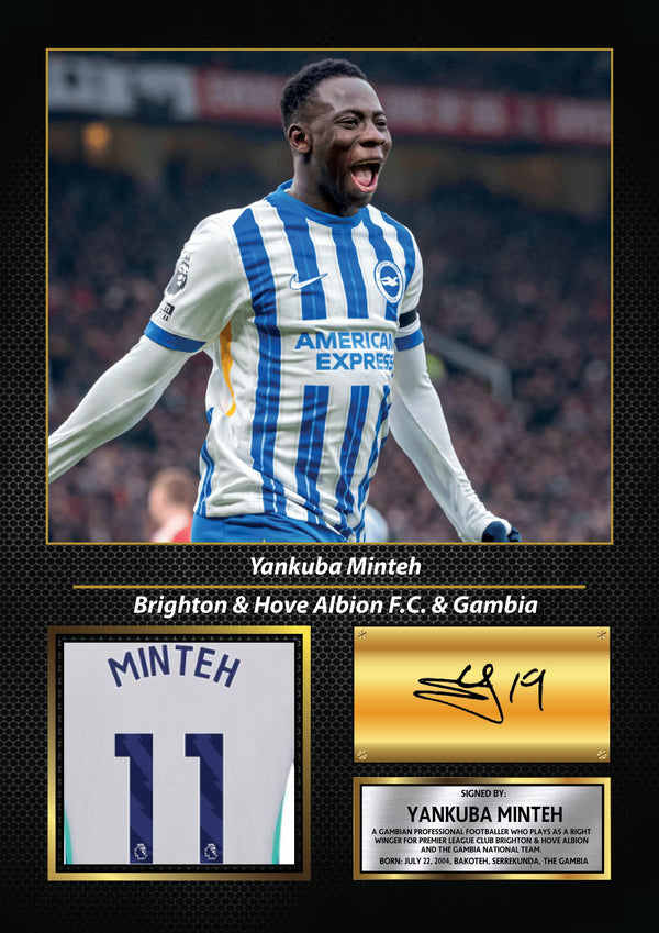 Yankuba Minteh Printed Signature Poster – Brighton & Hove Albion & Gambia Midfielder Tribute Wall Art with Jersey & Bio Plaque