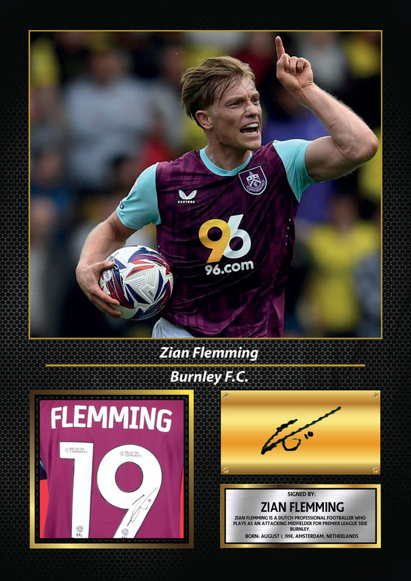Zian Flemming Printed Signature Poster – Burnley FC Midfielder Tribute Wall Art with Jersey & Bio Plaque